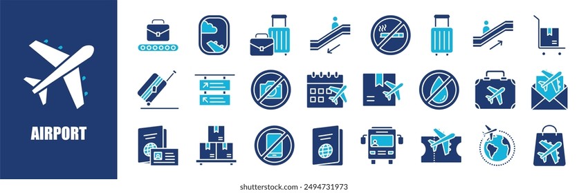 Airport icon collection set. Containing design, ltransportation, airport, terminal, departure, travel,and more. Solid vector icons collection.	