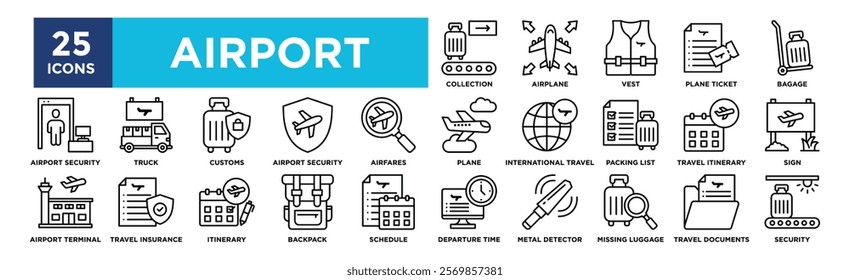 Airport icon collection set. Containing design, Baggage Collection, Airplane, Vest, Plane Ticket, Bagage