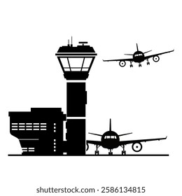 Airport icon with control tower terminal building and aircraft landing and taking off - Black Silhouette illustration Icon Vector