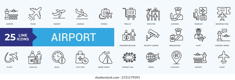 Flughafen Icon Pack Illustration Vektor Outline Style mit Flughafen, Flugzeug, Start, Landung, Reise, Trolley, Detektor, Zoll, Reisender, Bordkarte, 