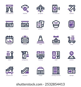 Paquete de iconos de aeropuerto para su Sitio web, móvil, presentación y diseño de logotipo. Icono de aeropuerto de diseño de doble tono. Ilustración gráfica de Vector y trazo editable.