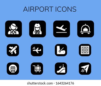 airport icon set. 12 filled airport icons.  Simple modern icons such as: Stewardess, Plane, Railway, Aeroplane, Luggage, Seat, Escalator down, Helipad, Paper plane