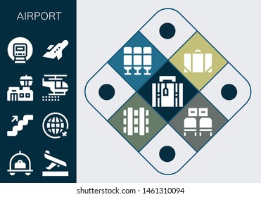 airport icon set. 13 filled airport icons.  Simple modern icons about  - Luggage, Arrival, Stairs, Travel, Airport, Helicopter, Railway, Aeroplane, Baggage, Seat, Waiting room
