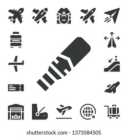 airport icon set. 17 filled airport icons.  Collection Of - Plane, Baggage, Metal detector, Plane ticket, Escalator down, Aeroplane, Hangar, Seat, Stewardess, Take off, Travel