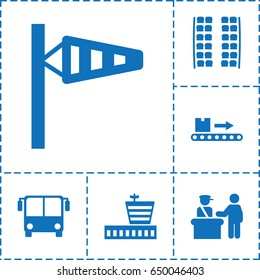 Airport icon. set of 6 airport filled icons such as pass control, wind cone, plane seats