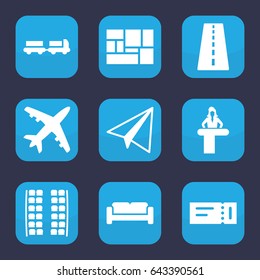 Airport icon. set of 9 filled airport icons such as runway, sofa, ticket, airport desk, truck with luggage, plane seats, paper airplane, lugagge