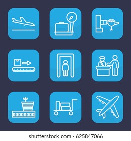 Airport icon. set of 9 outline airport icons such as plane landing, luggage, pass control, metal gate detector, jetway, lugagge weight, airport, luggage scan
