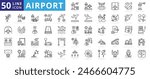 Airport icon set with aerodrome, landing area, runway, air transport, control tower, helipad, aprons and hangars.