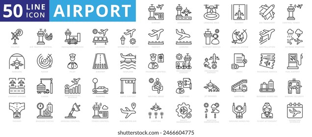 Airport icon set with aerodrome, landing area, runway, air transport, control tower, helipad, aprons and hangars.