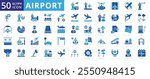 Airport icon set with air, customs, airstrip, management, security, cargo, runway, lighting, radar, transport, stairs, air pollution, pilot, tax, taxiway, parking, helipad, extreme weather, and flight