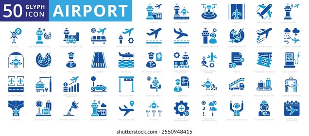 Conjunto de iconos del aeropuerto con aire, aduanas, pista de aterrizaje, gestión, seguridad, carga, pista, iluminación, radar, transporte, escaleras, contaminación del aire, piloto, impuestos, pista de rodaje, estacionamiento, helipuerto, Clima extremo y vuelo