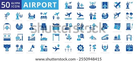 Airport icon set with air, customs, airstrip, management, security, cargo, runway, lighting, radar, transport, stairs, air pollution, pilot, tax, taxiway, parking, helipad, extreme weather, and flight