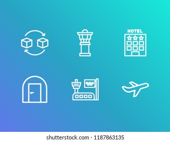Airport icon set and airplane with logistic ship, airport taxi and hotel. Plane related airport icon vector for web UI logo design.