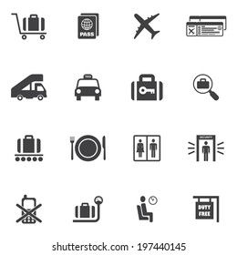 Airport icon set of airplane suitcase security check lounge isolated vector illustration