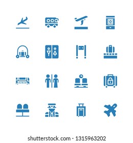 airport icon set. Collection of 16 filled airport icons included Aviation, Luggage, Pilot, Seats, Baggage, Waiting room, Restroom, Bus, Metal detector, Boarding pass, Departures