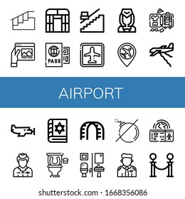 Airport Icon Set. Collection Of Stairs, Travel, Flat Arch Greenhouse, Passport, Stair, Airport, Flight Attendant, Luggage, Plane, Small Plane, Spellbook, Restroom, No Bomb Icons