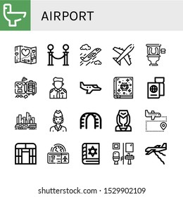 Airport Icon Set. Collection Of Wc, Travel, Queue, Plane, Restroom, Luggage, Pilot, Small Plane, Spellbook, Passport, Skytrain, Air Hostess, Stairs, Flight Attendant, Airport Icons