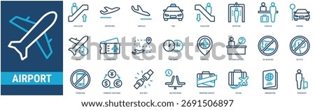 Airport icon set containing flight, escalator, departures, arrivals, taxi, escalator, detector, check in, parking, delay, boarding pass icons. Outline duo tone style icon collection.
