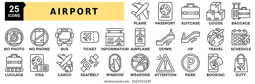 Airport icon set. Containing plane, passport, suitcase, goods, baggage, bus, ticket, travel and more. Outline vector icons collection