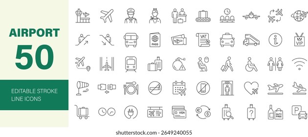 Airport icon set. Containing plane, ticket, passport, transport, luggage, travel, landing, check-in, pilot, stewardess, duty free and more. Editable line icons. Vector illustration.