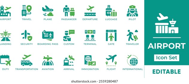 Airport Icon Set. Features editable icons for airport, travel, flight, airplane, passenger, departure, luggage, and more. Perfect for travel websites, airline websites, and aviation-related projects.