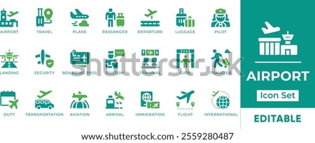 Airport Icon Set. Features editable icons for airport, travel, flight, airplane, passenger, departure, luggage, and more. Perfect for travel websites, airline websites, and aviation-related projects.