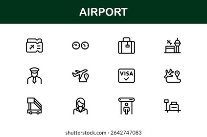 Airport Icon Set Featuring Airplanes, Terminals, Luggage, and Travel Symbols in Vector Style