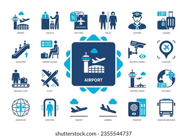 Airport icon set. Flight, Takeoff, Landing, Customs, Check-in, Air Travel, Luggage, Security Camera. Duotone color solid icons