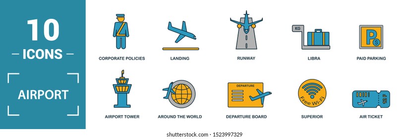 Airport icon set. Include creative elements takeoff, around the world, airport tower, airplane seat, taxi icons. Can be used for report, presentation, diagram, web design.
