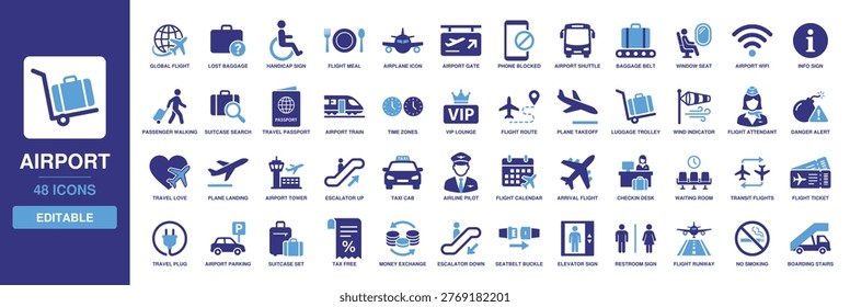 Airport icon set including solid glyph elements for airplane flight, baggage claim, travel passport, ticket check-in, plane takeoff, terminal gate, and transit lounge services