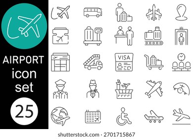 Conjunto de iconos de aeropuerto. Colección de iconos lineales. Avión, transporte, equipaje, boleto, equipaje, pasaporte y más iconos.  Ilustración vectorial.