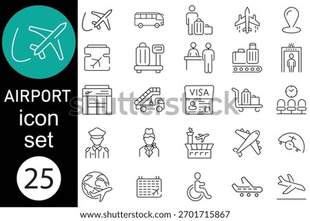 Airport icon set. Linear icon collection. Plane, Transport, Luggage, Ticket, Baggage, Passport and more icons.  Vector illustration.