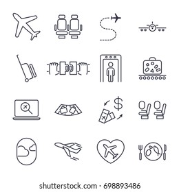 Airport icon set, airport management icons, aerial transportation icons: plane, seat, airway, rechange, suitcase and other. Icon set with editable stroke
