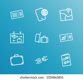 Airport icon set and phone roaming with city map, airport board and airport belt. Safe travel related airport icon vector items for web UI logo design.