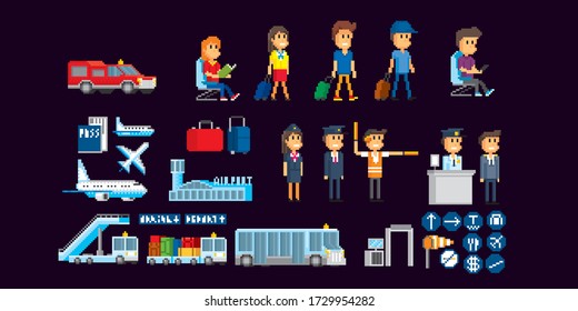 Airport icon set. Pixel art. Old school computer graphic. 8 bit video game. Game assets 8-bit sprite. Design for sticker, logo, mobile app.