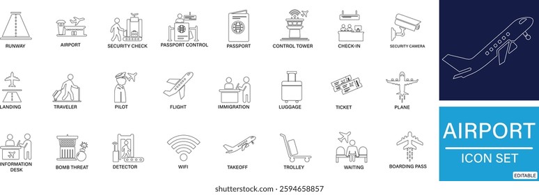 Airport icon set plane, boarding pass, traveler, duty free, information desk, customs, detector, You can easily change the color