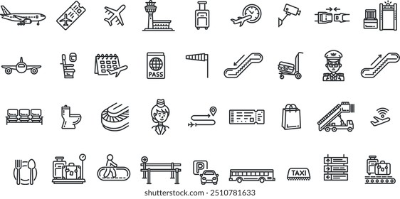 Airport icon set. Plane, passenger, baggage, aircraft, control tower etc.