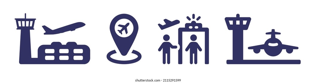 Airport Icon Set. Plane Take Off, Airport Location, Gate And Terminal Icon Isolated On White Background.