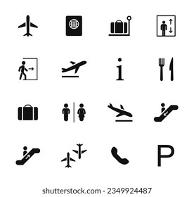 Airport icon set. Airport signs. Icons airport services. Terminals, departures, arrivals, transfer, check in, baggage, information desk, exit, restaurant, lift, escalator, toilet, parking etc.