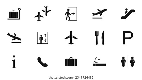 Conjunto de iconos del aeropuerto. Señales del aeropuerto. Los servicios del aeropuerto de Icons. Terminales, salidas, llegadas, traslados, facturación, equipaje, mostrador de información, salida, restaurante, ascensor, escalera mecánica, retrete, estacionamiento, etc.