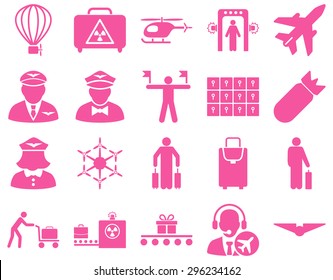 Airport Icon Set. These flat icons use pink color. Vector images are isolated on a white background.