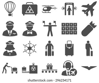 Airport Icon Set. These flat icons use gray color. Vector images are isolated on a white background.