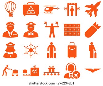 Airport Icon Set. These flat icons use orange color. Vector images are isolated on a white background.