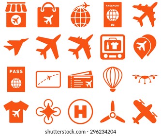 Airport Icon Set. These flat icons use orange color. Vector images are isolated on a white background.