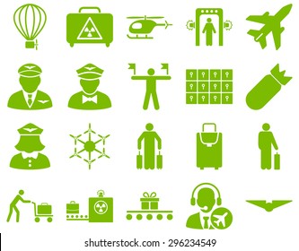 Airport Icon Set. These flat icons use eco green color. Vector images are isolated on a white background.