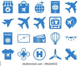 Airport Icon Set. These flat icons use cobalt color. Vector images are isolated on a white background.