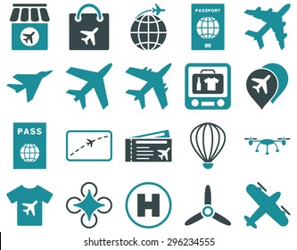 Airport Icon Set. These flat bicolor icons use soft blue colors. Vector images are isolated on a white background.