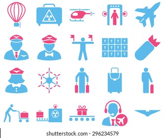 Airport Icon Set. These flat bicolor icons use pink and blue colors. Vector images are isolated on a white background.