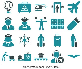 Airport Icon Set. These flat bicolor icons use soft blue colors. Vector images are isolated on a white background.