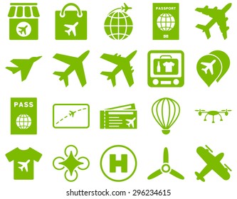 Airport Icon Set. These flat icons use eco green color. Vector images are isolated on a white background.